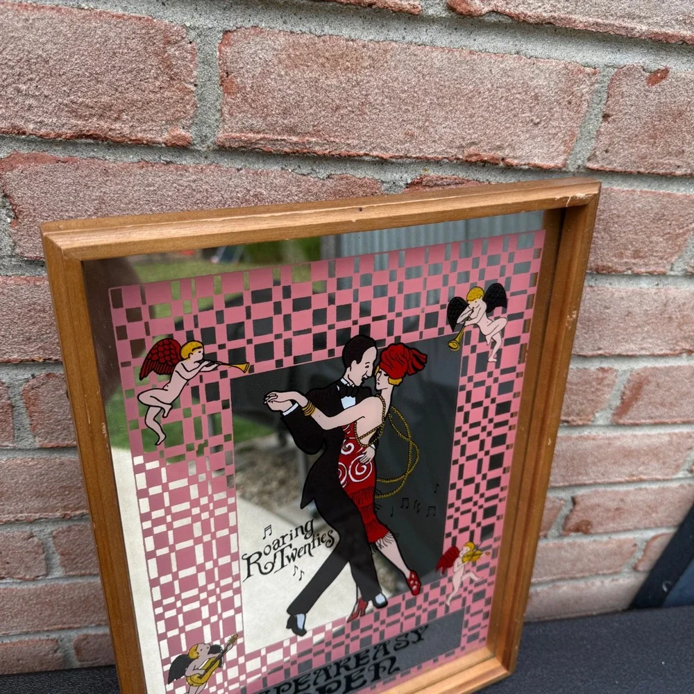 Roaring Twenties Speakeasy Open Mirror Pink Flapper Art Deco Cherubs Vintage 70s